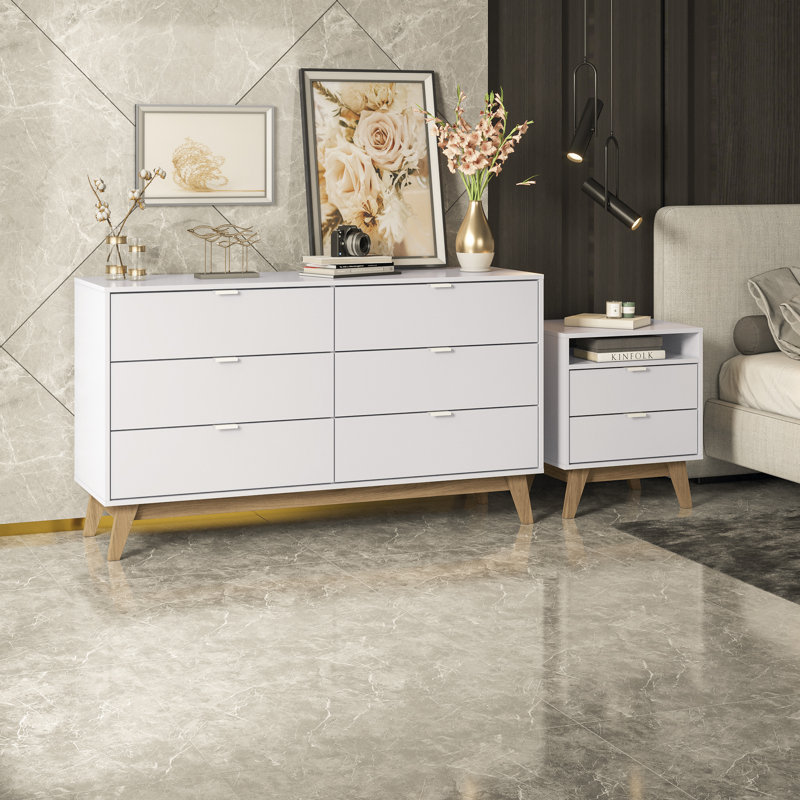 Ensemble de chambre à coucher 2 pièces Jomana - Commode 6 tiroirs et table de chevet 2 tiroirs, Blanc