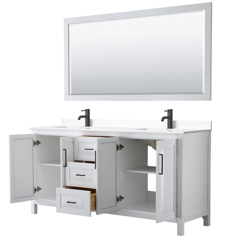 Daria 72'' Double Bathroom Vanity with Carrara Marble Top, White, White Cultured Marble, Matte Black