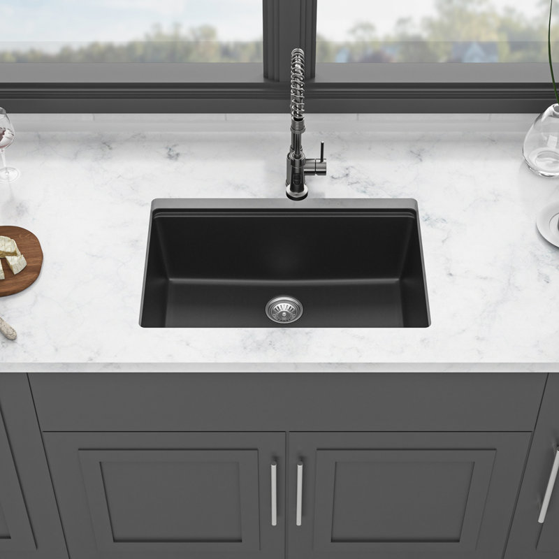 28" X 19" Black Quartz Composite Workstation Undermount Kitchen Sink - Thick, Strong, With Quiet Operation, Smooth Non Porous Surface, Rounded Corners For Easy Cleaning, Comes Drying Rack, Strainers,