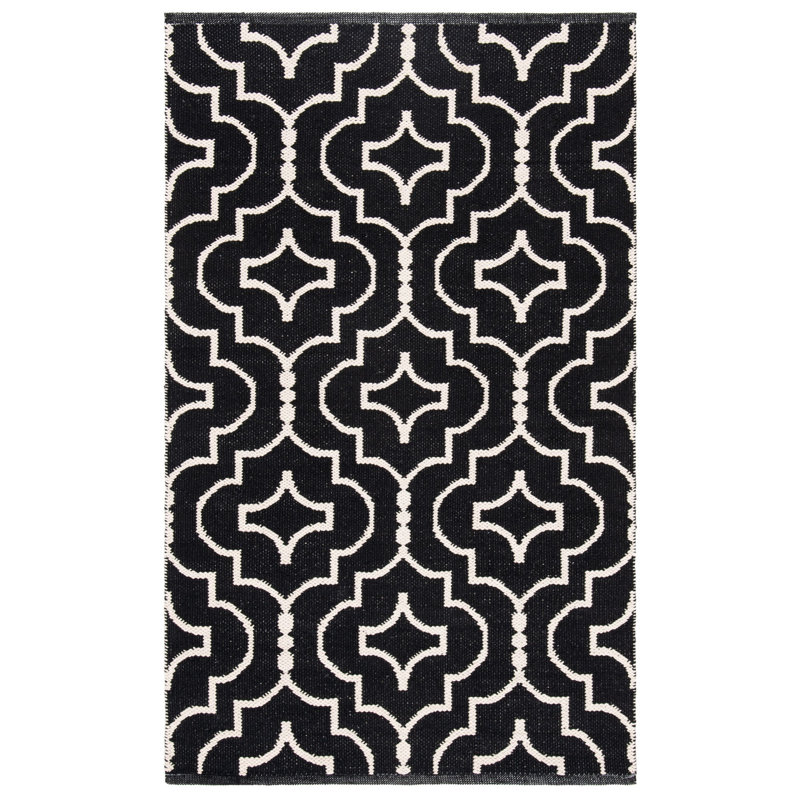 Tapis noir/ivoire en coton fait main à tissage plat geometry Smith, Rectangulaire 3 pi x 5 pi