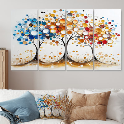 Autumn Orange & Blue Tree Seasons Reflections III - Abstract Midcentury Canvas Wall Art Set