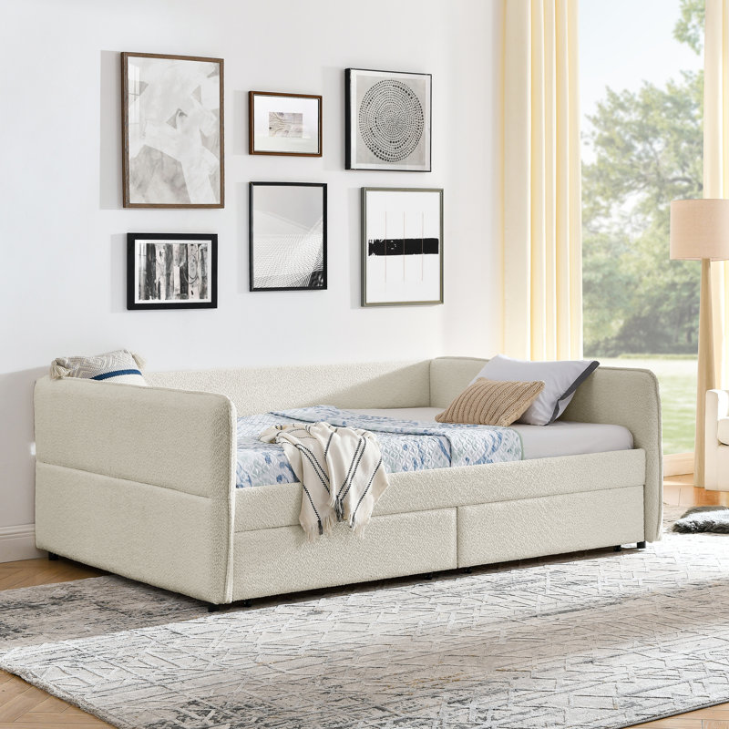 Lit de jour avec lit gigogne, tiroirs de rangement, grand lit, lit tapissier, boucle beige, motif rayé, dossier et accoudoirs confortables, étapes d'assemblage rapide, beaucoup d'espace, travail