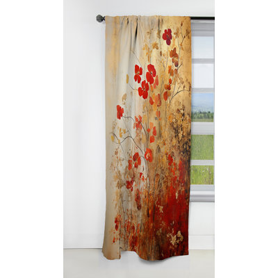 Botanical Curtain Panel, Japanese Floral Tile Blackout Decor - Gold And Red Floral Japanese Tiles I