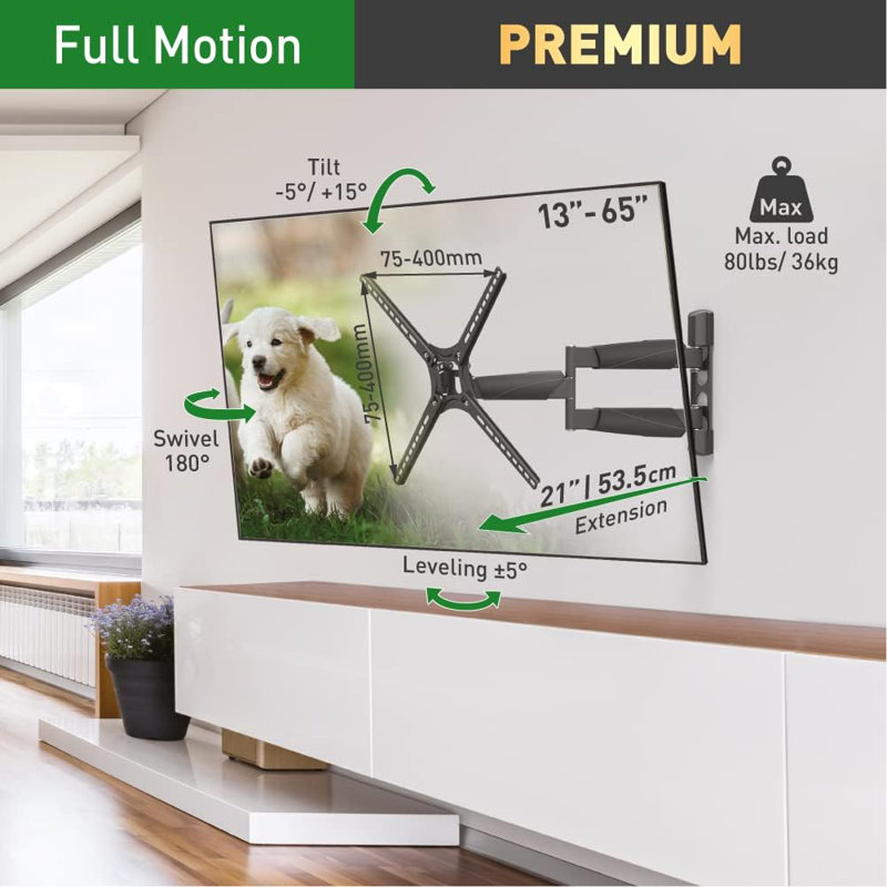 Barkan 21'' Long TV Wall Mount, 13-65 inch Full Motion Articulating - 4 Movement Premium Flat/Curved Screen Bracket, Holds up to 80lbs, Extremely Extendable, Fits LED OLED LCD
