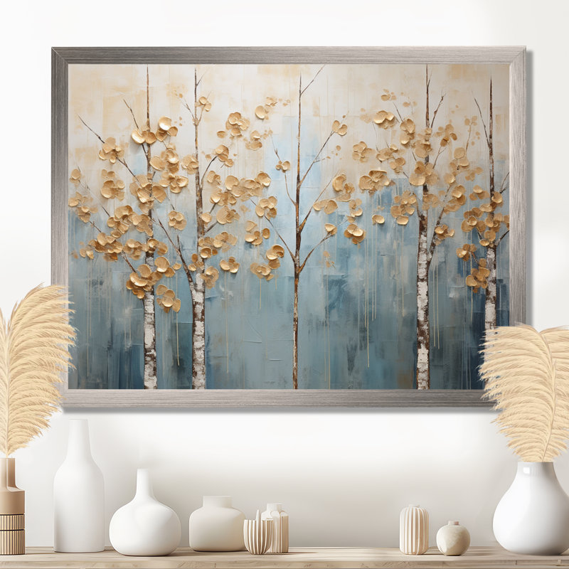 Minimalisme, arbres dorés et bleus, paysage II - art mural arbres, Cadre simple argenté, H 24 po x l 32 po x P 1 po