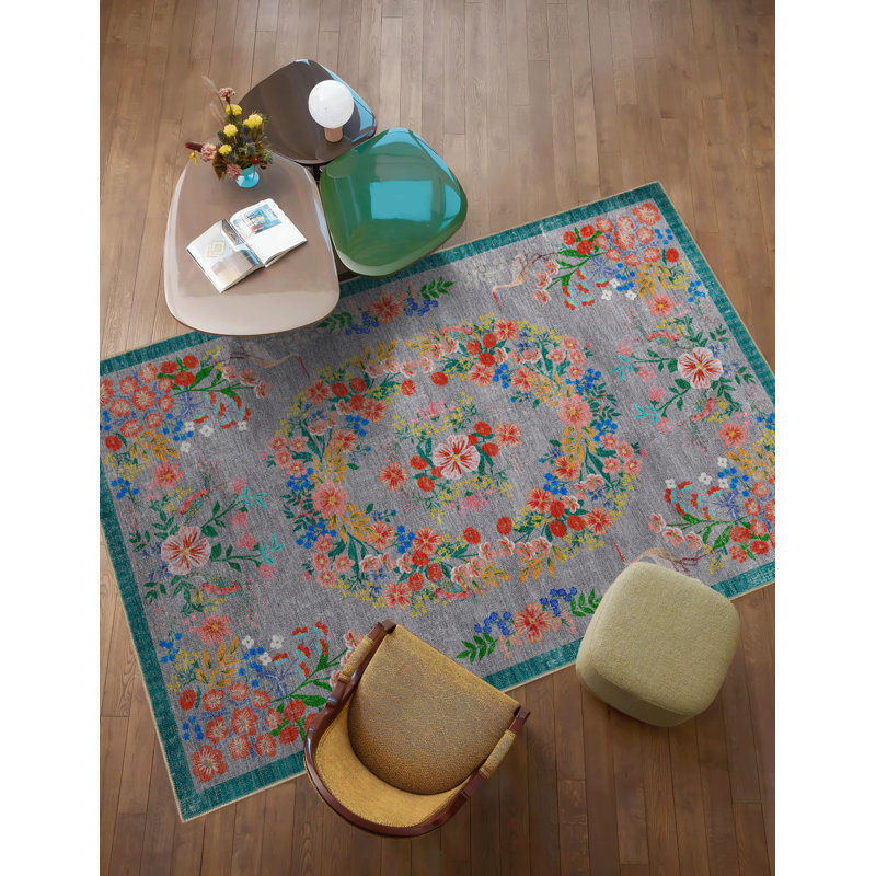 Grey Theme Multicolored Floral Patterned Colorful Woven Base Carpet, Rectangle 5' x 7'7"