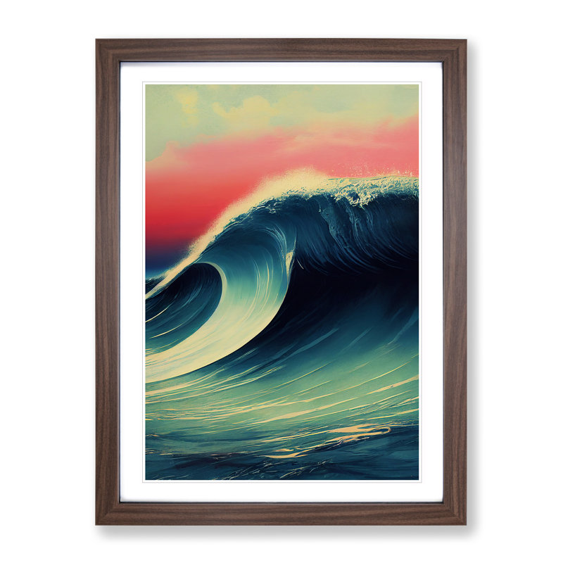 Sunset Ocean Wave No.3 - Single Picture Frame Print, 34cm H x 25cm W x 2cm D, Walnut Framed
