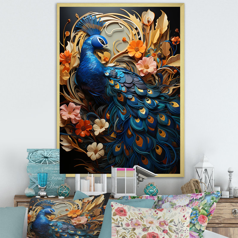 «Majestic Blooming Plumage Peacock I», reproduction sur toile, Cadre photo doré simple, H 32 po x l 24 po x P 1 po