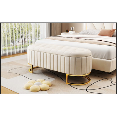 Élégant repose-pieds de rangement rembourré en velours avec capitonnage à boutons, banc de rangement avec pieds en métal pour la chambre à coucher, le salon, entièrement assemblé sauf les pieds
