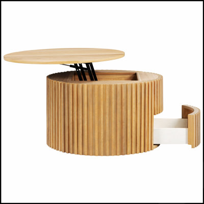 Table basse ronde à plateau relevable, décor moderne en bois cannelé avec rangement caché pour le salon