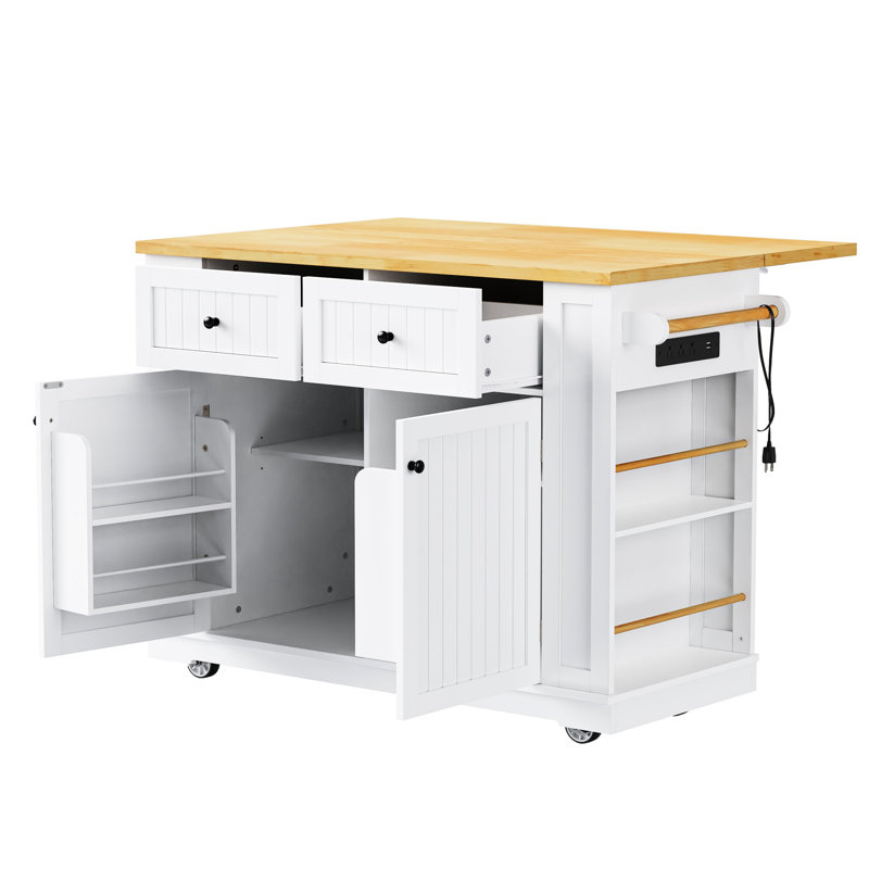 Chariot pour îlot de cuisine 48 pouces avec rallonge, prise de courant, rangement interne, 5 roulettes, 2 tiroirs, tablettes réglables, grand espace de rangement blanc, douille, 5 roulettes,