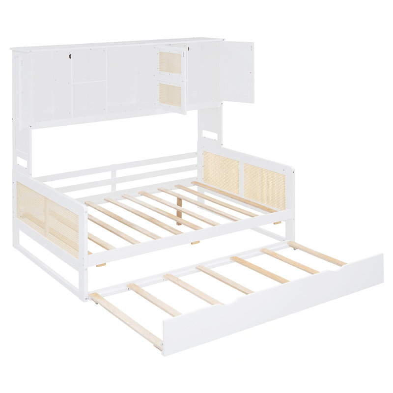 Wooden Daybed With Twin Size Trundle, And All-In-One Cabinet And Shelf, Full/Double, White