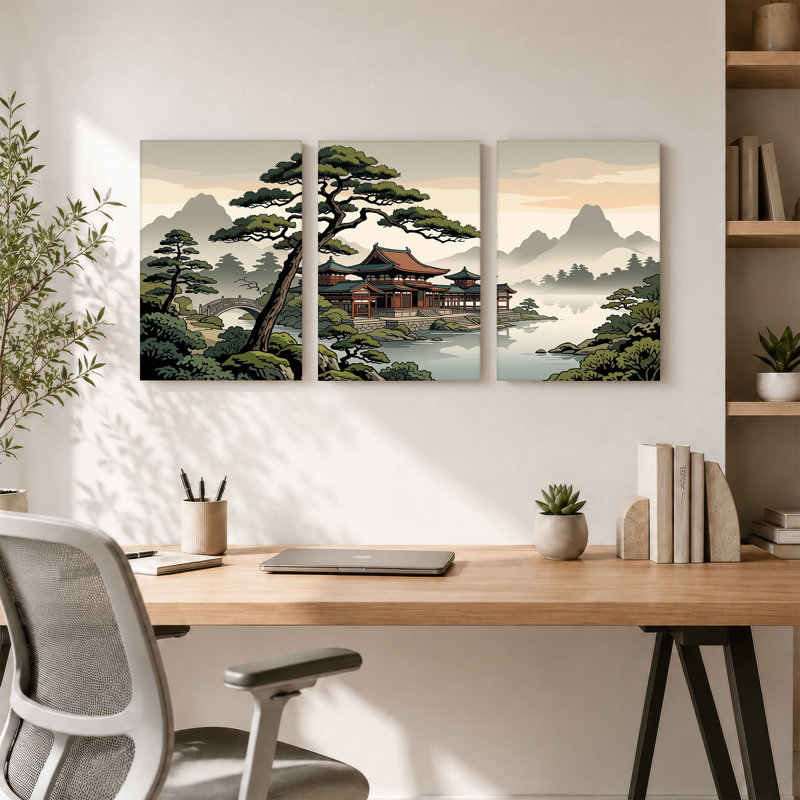 Temple traditionnel japonais avec pin et lac, ensemble de 3 toiles, H 30 po x l 20 po x 3 pièces