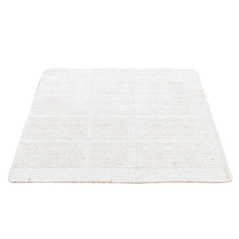 1'6"x1'6" Ivory 100% Wool Hand Loomed Modern Box Design Sample Rug G87945