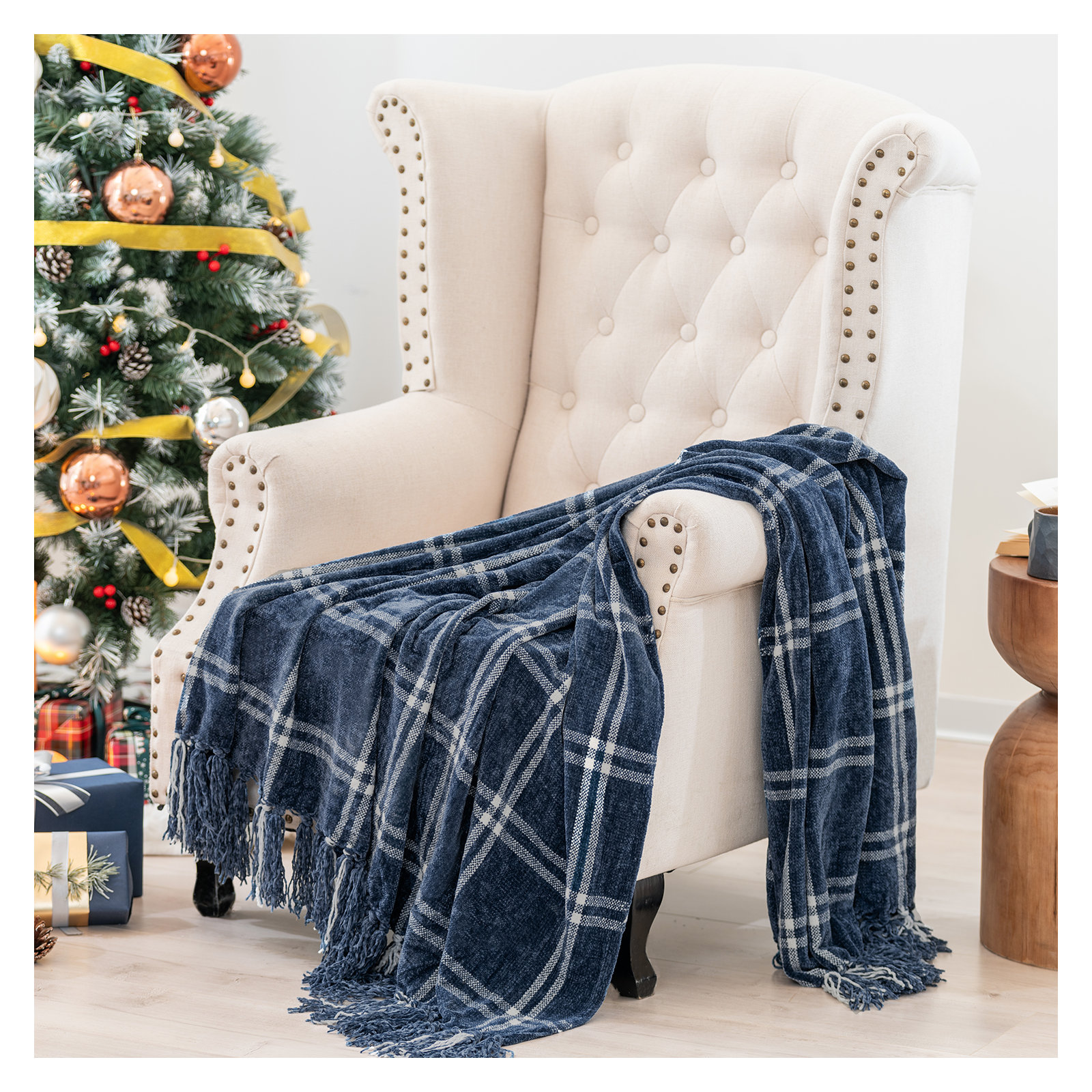 Soft Chenille Throw Blanket, 80" L x 60" W, Navy Blue/White Plaid