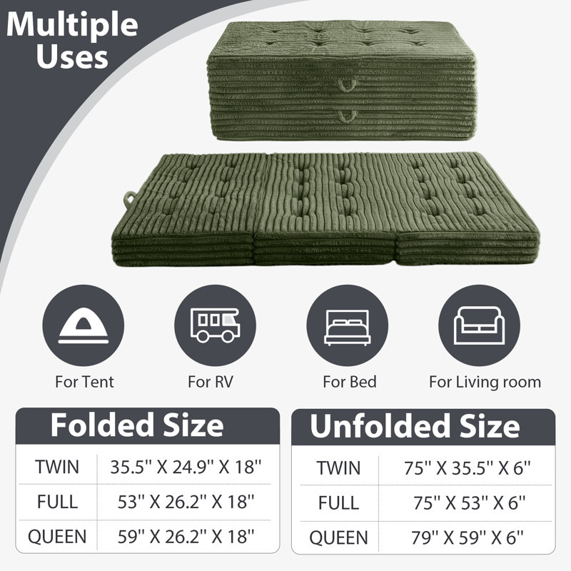 Matelas pliable en trois parties de 15 cm en mousse à mémoire de forme, matelas de sol en fausse fourrure avec poignée, Vert