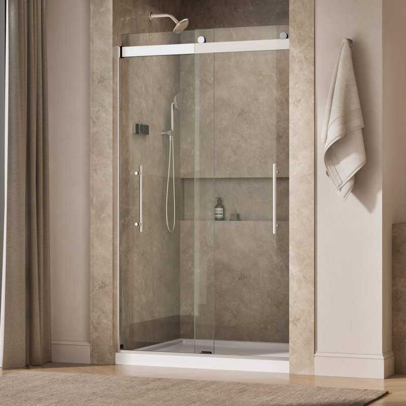 Levity Plus Less Sliding Shower Door, 81-5/8 In. H X 44-5/8 - 47-5/8 In. W, With 3/8 In.-Thick Crystal Clear Glass, Silver