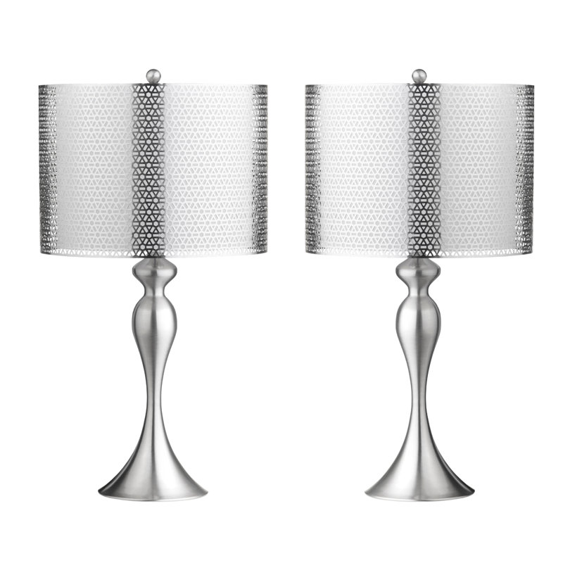 Set Of 2 Steel Table Lamps with Metal over Linen Double Drum Shade, Silver