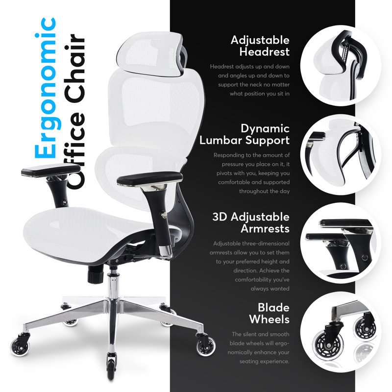 ErgoPro Ergonomic Office Chair, Rolling Desk Mesh Computer Gaming Executive Chair with Blade Wheels, White
