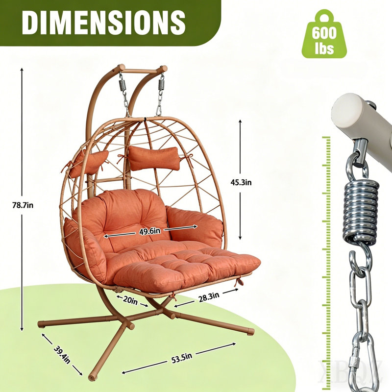 2 Person Hanging Egg Chair With Stand, Double Outdoor Wicker Swing Chair With Adjustable Footrest & Thickened Cushions For Patio Garden Balcony