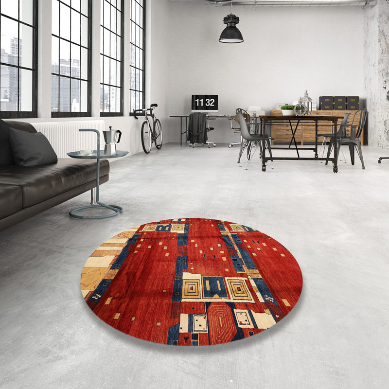 Tapis de zone rouge/bleu contemporaine, Rond 5 pi