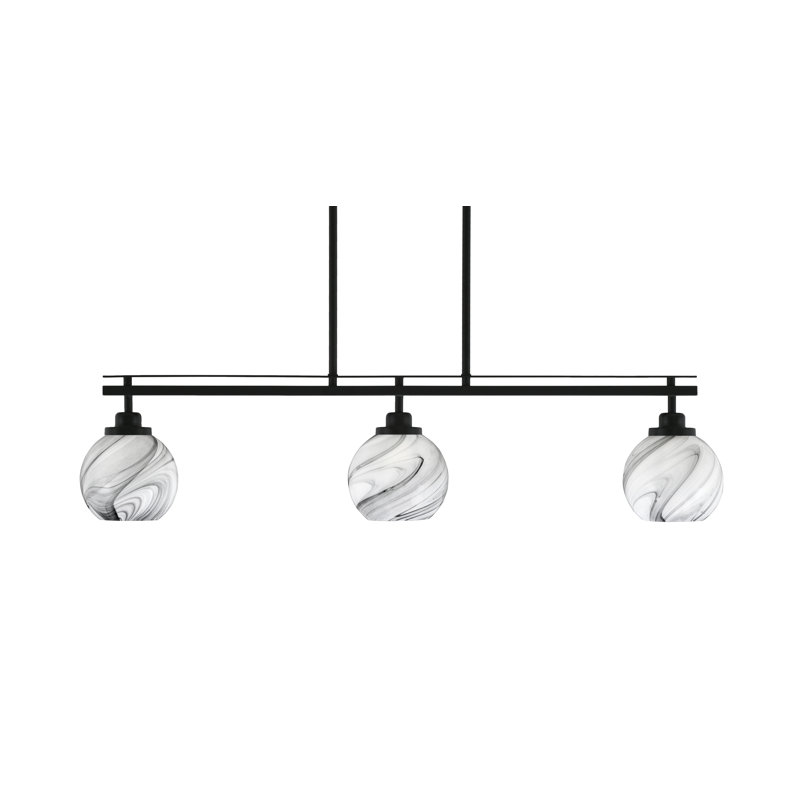 Odyssey 3 Light Island Light Shown With Onyx Swirl Glass, 8" H x 37.75" W x 5.75" D, Matte Black