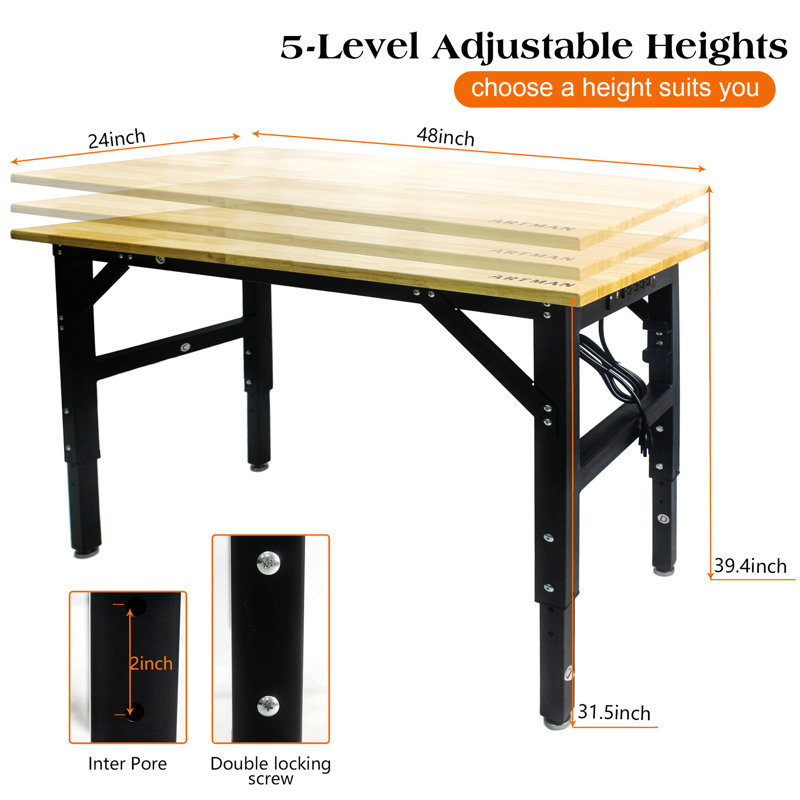 Metal Adjustable Worktable With Socket And Wooden Top