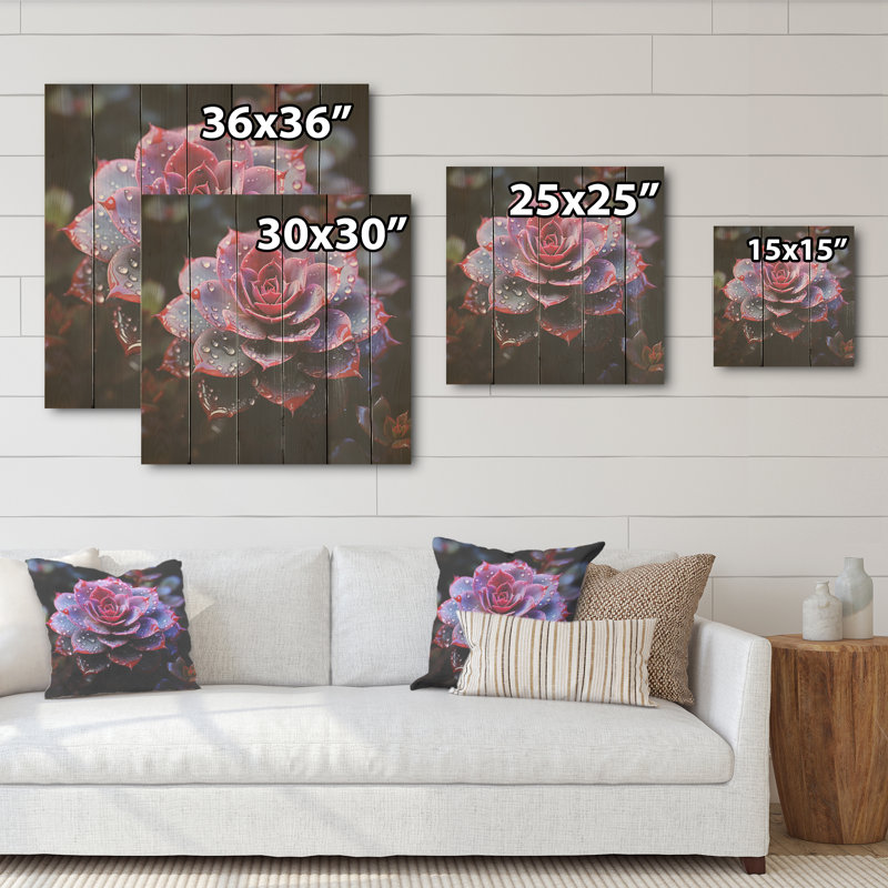 Élégante plante grasse néon mauve - art sur bois de pin naturel, H 25 po x l 25 po