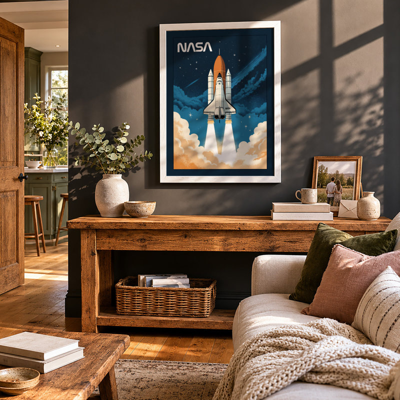 Space Shuttle Launch Retro - Framed Print, A1 - 84.1 x 59.4 cm, White