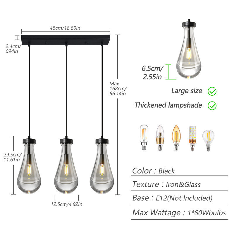 Luminaire suspendu Raindrop Teardrop, Noir, Trois lumières