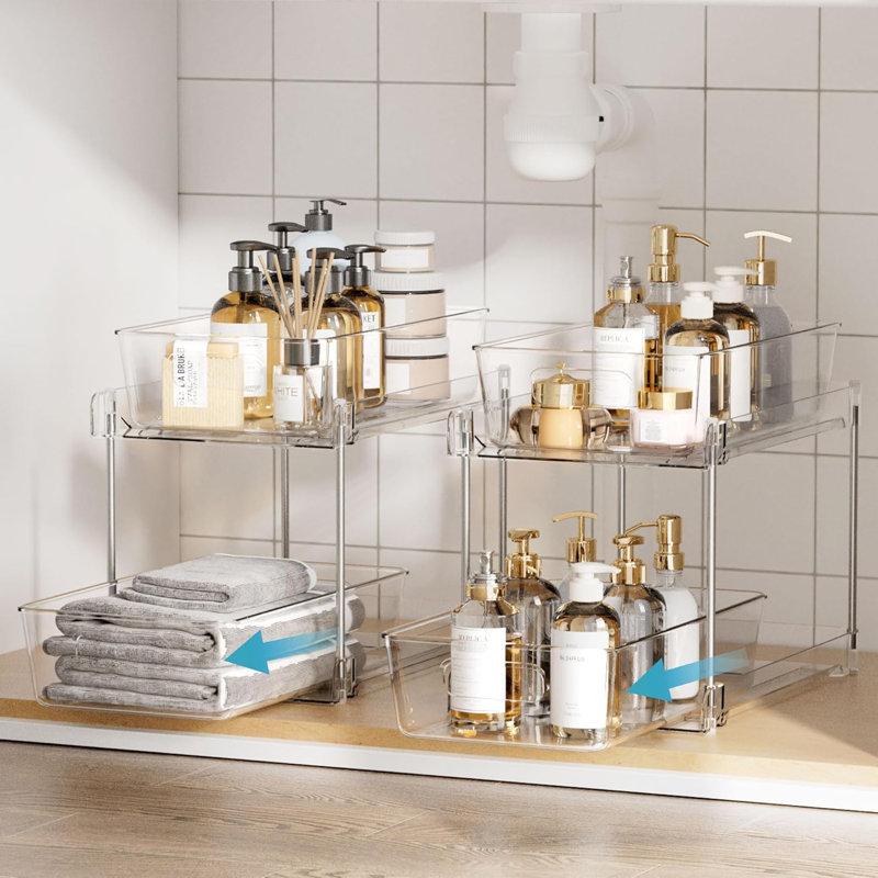 Ensemble de 4 organisateurs de salle de bain, 2 compartiments transparents sous le lavabo pour comptoir de meuble-lavabo, bacs à tiroirs d'armoire, rangement coulissant avec garde-manger, cuisine