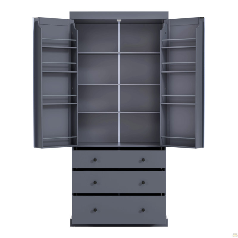 Armoire de cuisine, grande armoire de rangement autoportante avec 3 tablettes réglables, 8 tablettes de porte, 3 tiroirs