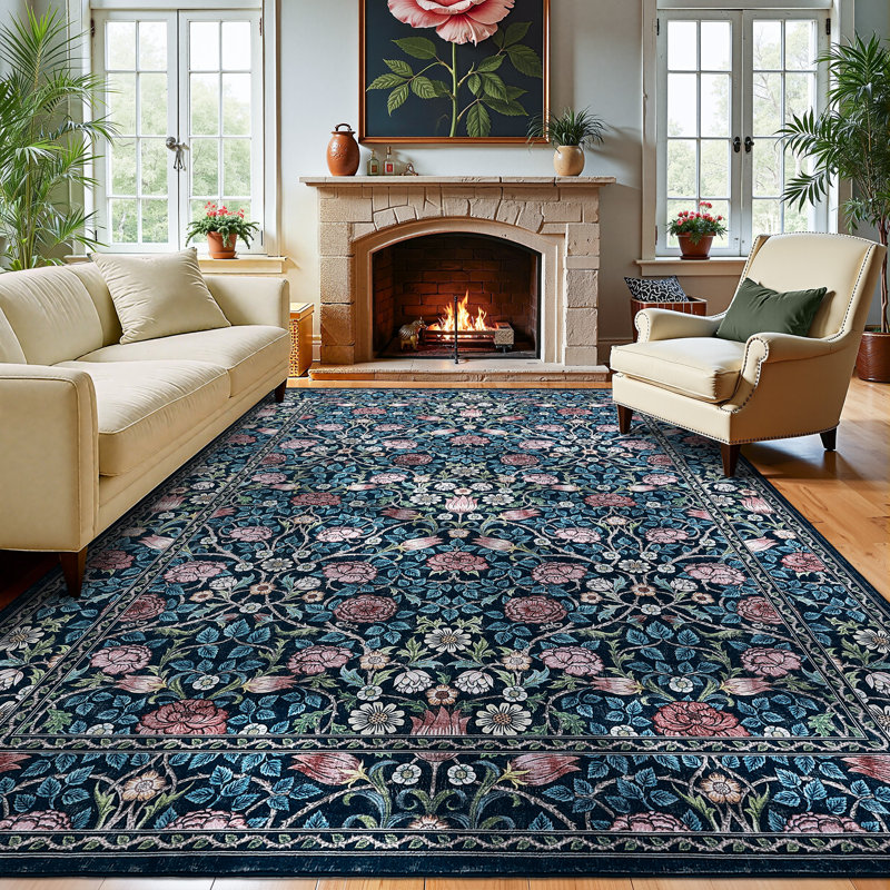 Tapis 6 pi x 9 pi à motif floral rétro lavable Boho, 6 x 9 pi (bleu)