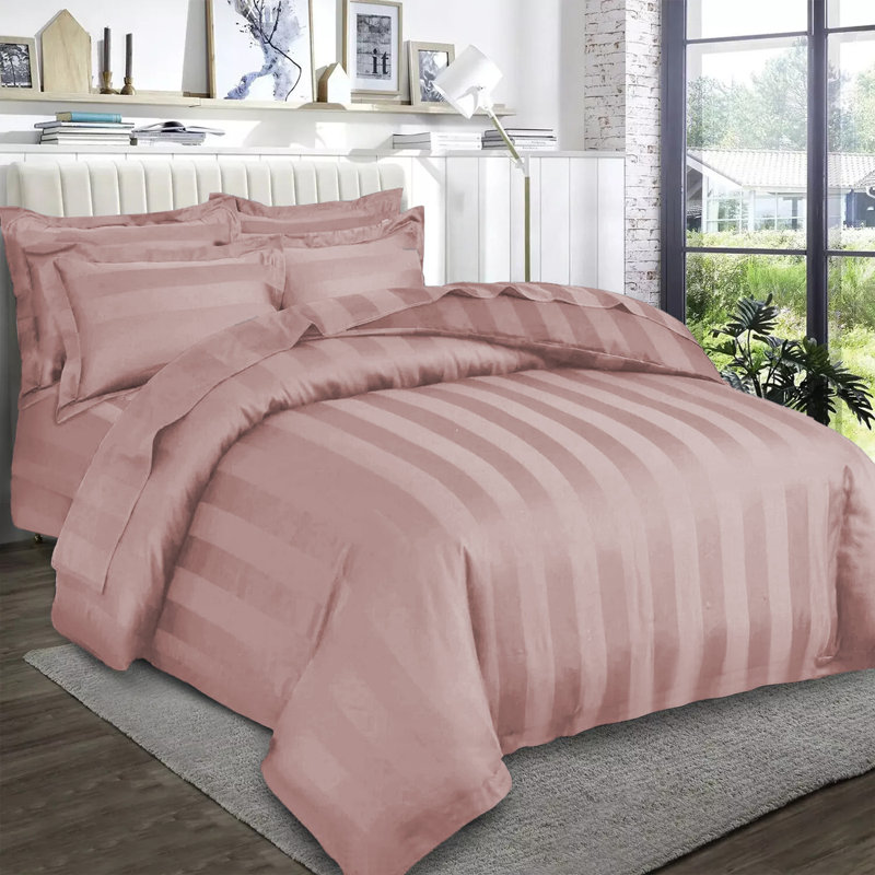 Renze Microfiber 250 TC Reversible Stripe Duvet Cover Set with Pillowcases, Peach