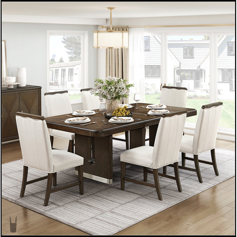 Ensemble de salle à manger moderne extensible avec 6 chaises rembourrées beiges, table en bois durable et base d'appoint métallique pour des repas élégants