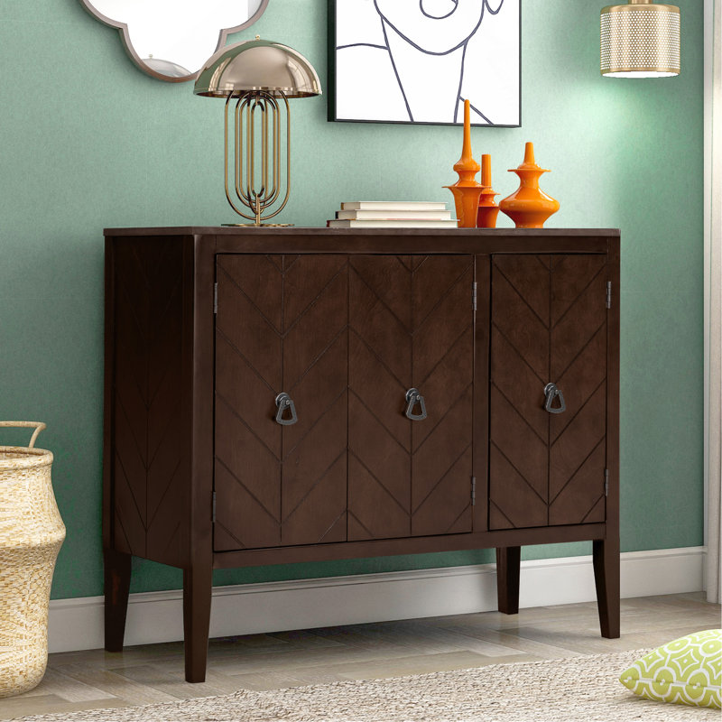 Retro Storage Sideboard With Adjustable Shelves - 3 Metal Handles & 4 Pinewood Legs, Brown