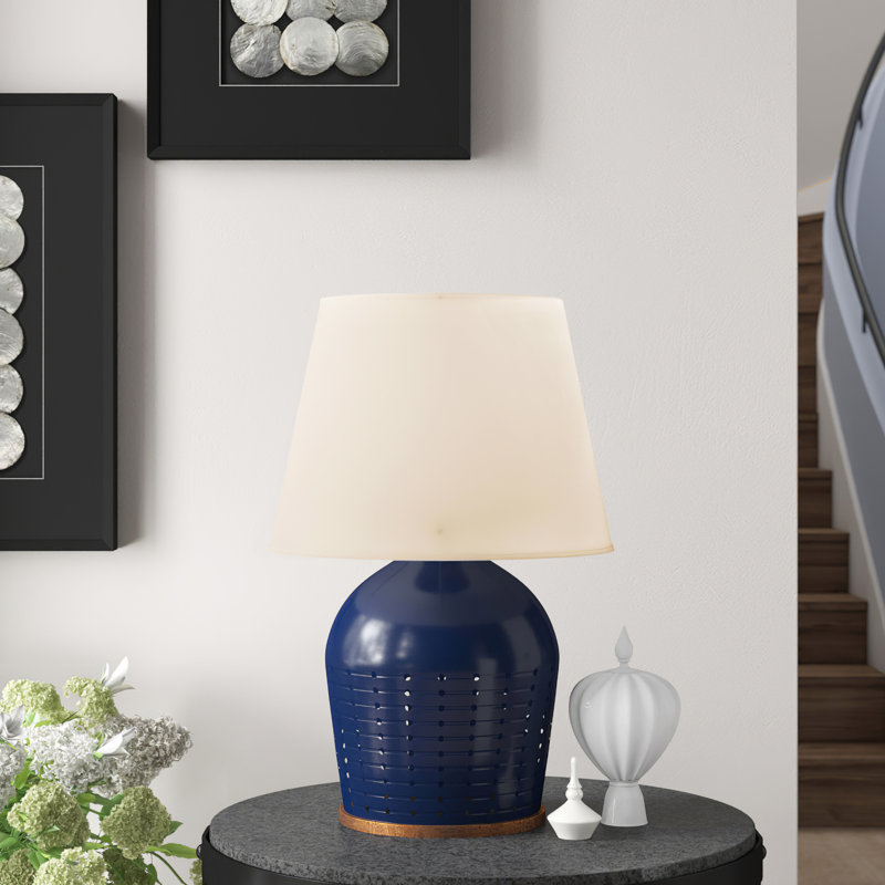 Halifax Table Lamp, Blue Ceramic, White Paper, 36" H x 25" W x 25" D