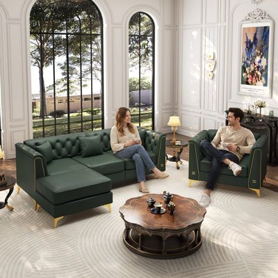 Canapé Chesterfield modulaire de luxe léger, canapé en similicuir avec capitonnage à boutons fait à la main, accoudoirs à garniture en métal et pieds en métal minces, comprend 4 coussins pour le salon, l’appartement