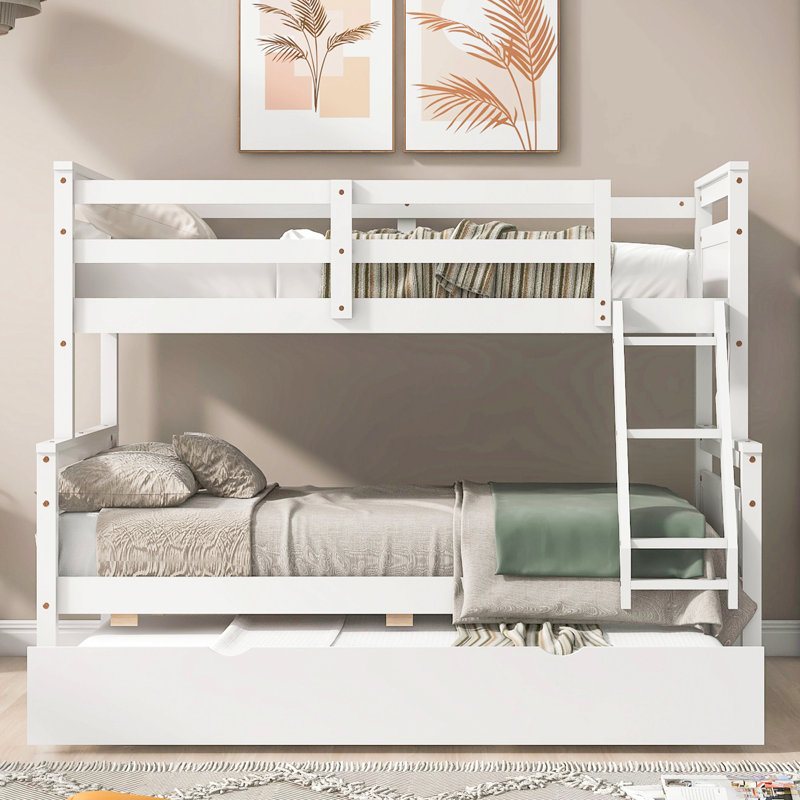 Lit simple superposé au dessus d'un lit double avec échelle, lit gigogne simple, barrière de sécurité