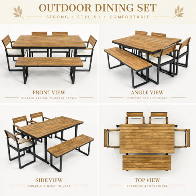Acacia Solid Wood Patio Dining Set Umbrella Hole Included Table,
