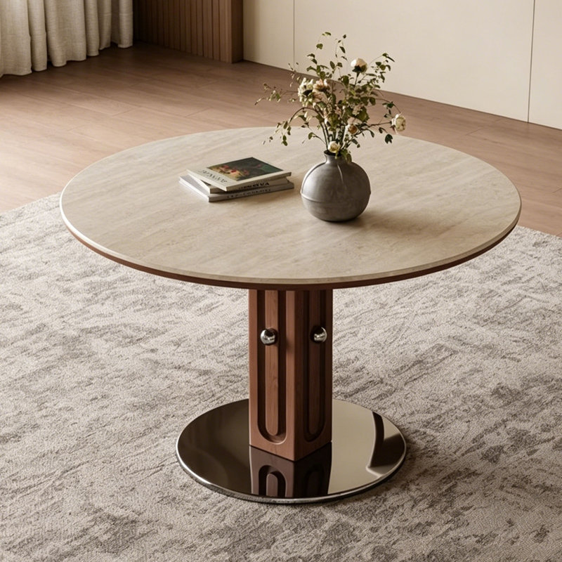 Table ronde rétro en pierre frittée, H 29,5 po x l 47,2 po x P 47,2 po