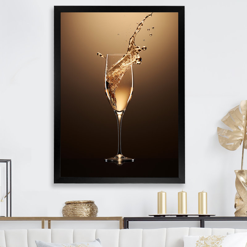 «Fragility Golden Champagne» - impressions sur toile vin et champagne, Cadre simple noir, H 20 po x l 12 po x P 1 po