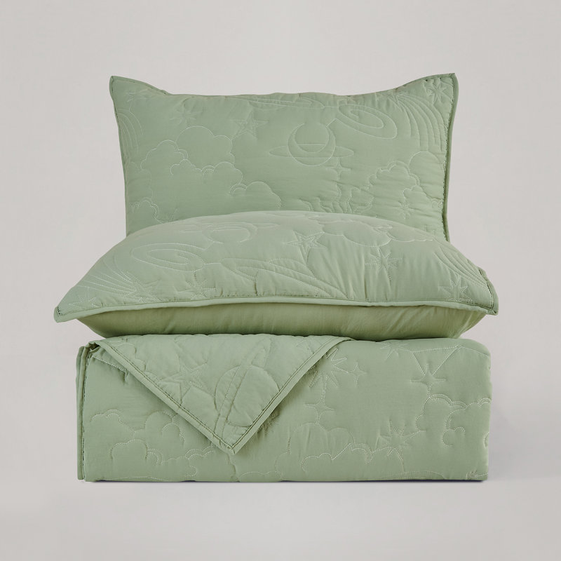 Solid Quilt Set With Star With Vibrant Embroidered Patterns, Queen Quit + 1 Standard Sham, Light Pink