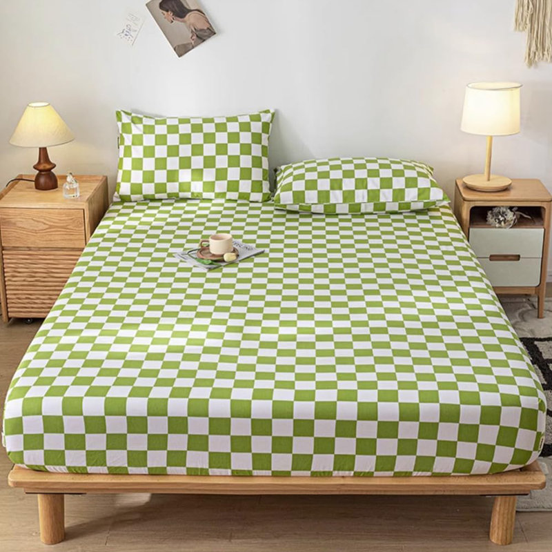 Grid Sheet Set 4 PCs Bedding Sheet Set 1 Fitted Sheet 1 Flat Sheet 2 Pillowcases, Green Checkered