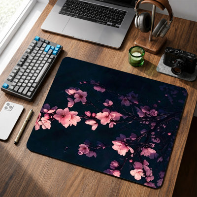 Tapis de souris en caoutchouc, surface en microfibre lisse, base antidérapante, tapis de souris décoratif à bord arrondi pour le bureau et les jeux, 12 po x 8 po, fleur de cerisier rose noir