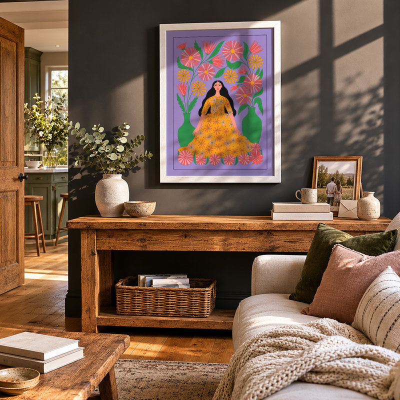Woman Among Flowers Boho - Framed Print, A2 - 59.4 x 42.0 cm, White