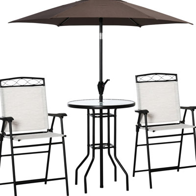 4 Piece Outdoor Dining - . Beige. 2 Folding Chairs, Adjustable Umbrella, Wave Textured Glass Table. Ideal For Garden, Deck, Patio. Steel & Breathable Material Patio, Deck. Mesh