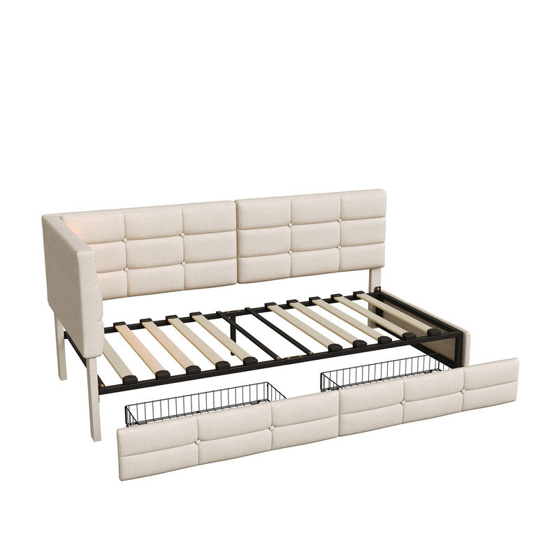 Upholstered Daybed with 2 Storage Drawers, 140 x 190 cm, Beige
