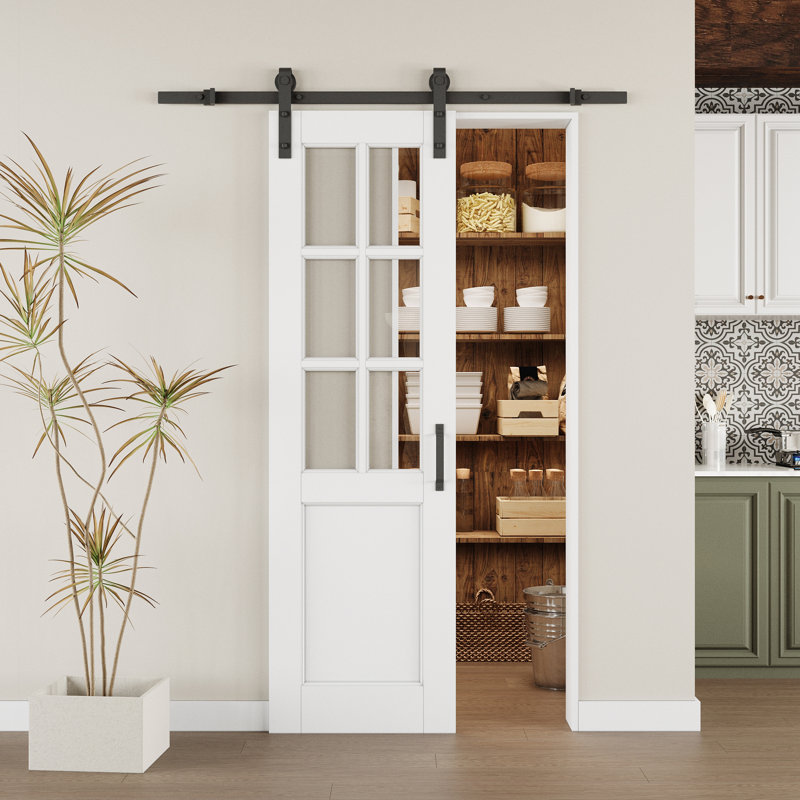 Porte de grange coulissante en verre transparent avec apprêt blanc moderne 6-Lite avec trousse de quincaillerie d'installation (aucun assemblage requis)