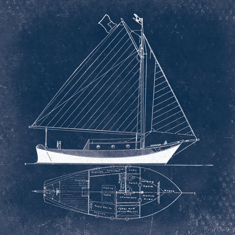 Blue Boat Drawing - Wrapped Canvas Print, 30cm H x 30cm W